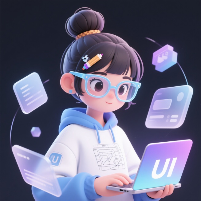 潮流IP形象，女生，UI设计师，戴半透明浅蓝科技感眼镜，丸子头别像素画笔发夹，手持渐变光效笔记本电脑，身穿印UI线稿的白蓝卫衣，身边悬浮毛玻璃质感UI组件，轻科技甜酷风，圆润线条，白+浅蓝+低饱和紫配预览效果