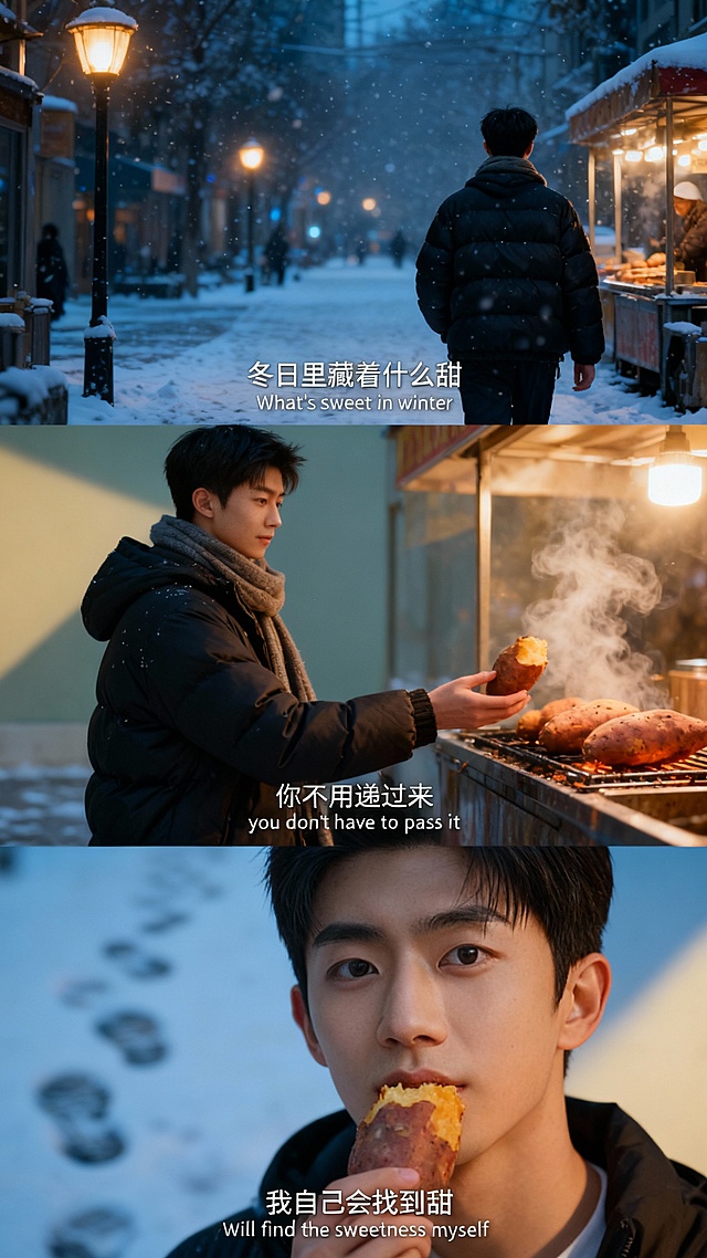 冬日雪夜街头，暖光映照烤红薯的氤氲热气，胶片质感中透出文艺与温馨。轻拟物风格融合实景光影，营造柔和舒适的故事氛围，传递细腻情感与唯美意境。