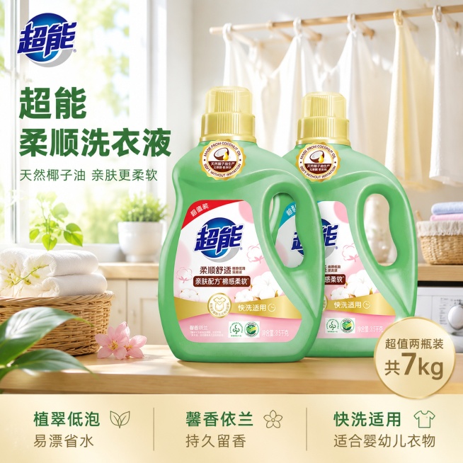 [主图-1] 超能洗衣液双瓶装囤货超值首图
[氛围风格] 明亮洁净生活风，自然真实家居氛围，清爽实用感
[画质] 商业摄影质感，光线柔和通透，产品清晰真实，画面干净高级
[元素] 两瓶超能洗衣液居中摆预览效果