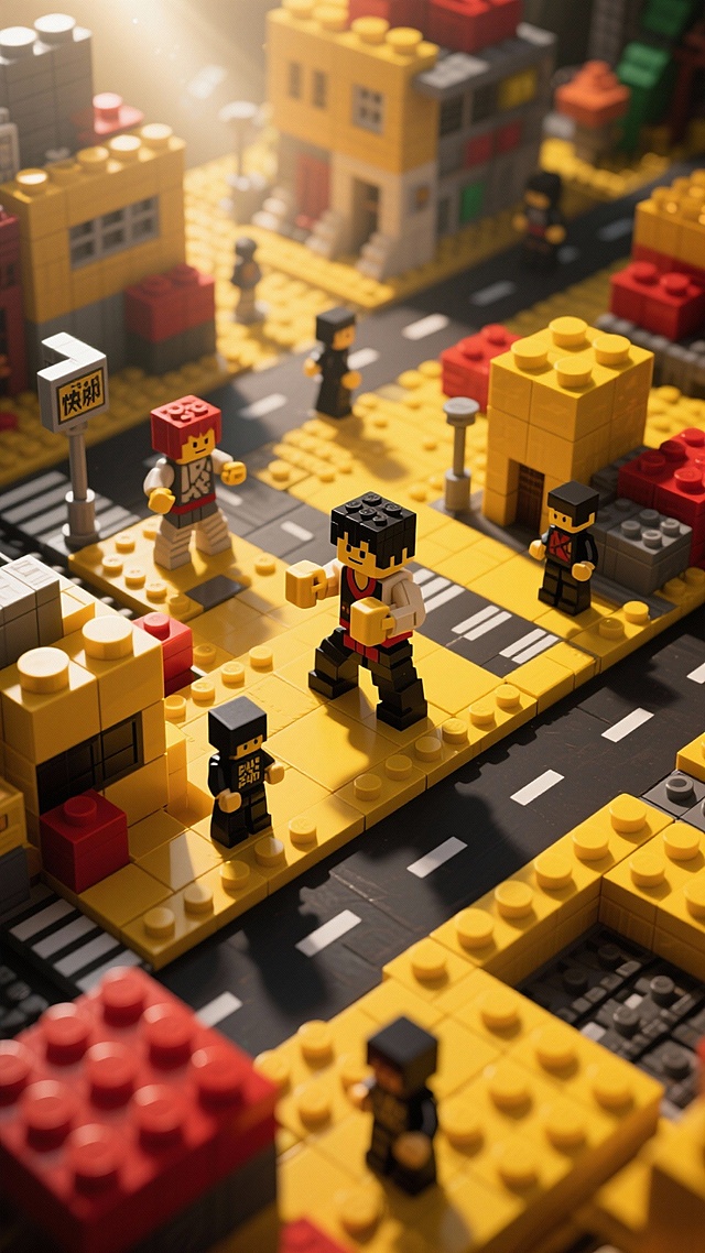 黄黑红色调，快拳郎主题积木世界，无文字，俯视