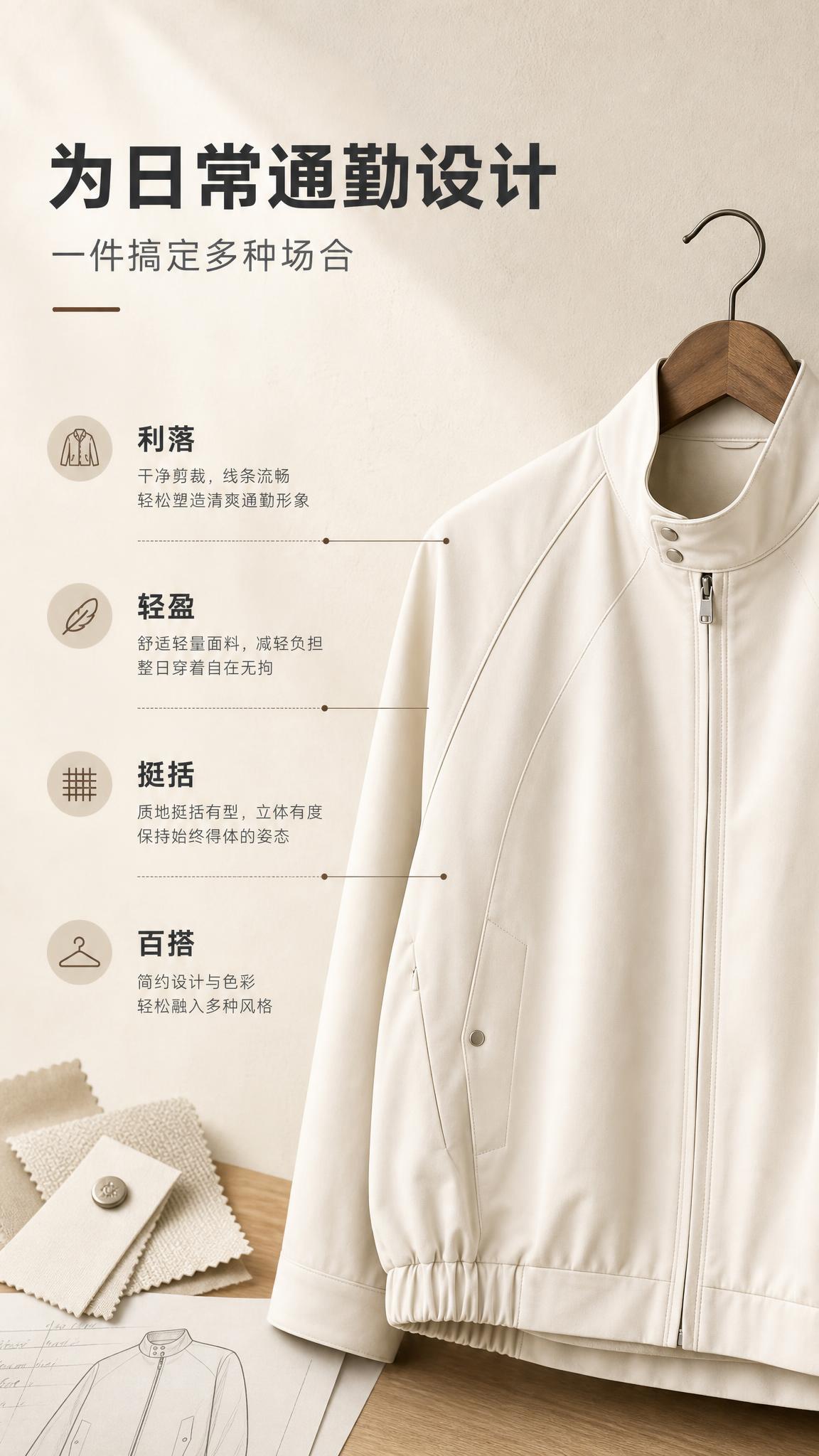 [商品] 使用【图1】米白色立领休闲夹克；商品处理：保留立领、… - 图片创意预览