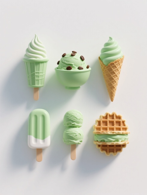 一套包含6个完全不同造型的绿色雪糕系列素材集合，保持写实风格，纯色白色背景，雪糕具有细腻的纹理、光滑的表面和自然的阴影效果，造型包括：1.经典圆筒冰淇淋，顶部有螺旋状奶油花纹；2.碗状冰淇淋，点缀几颗巧克力豆；3.蛋筒冰淇淋，蛋筒酥脆有纹路；4.夹心冰淇淋，外层绿色内层白色；5.迷你小球冰淇淋，三个小球堆叠；6.华夫饼冰淇淋，夹在华夫饼中间，所有雪糕规整排布，整体呈现清新、诱人的视觉效果。预览效果