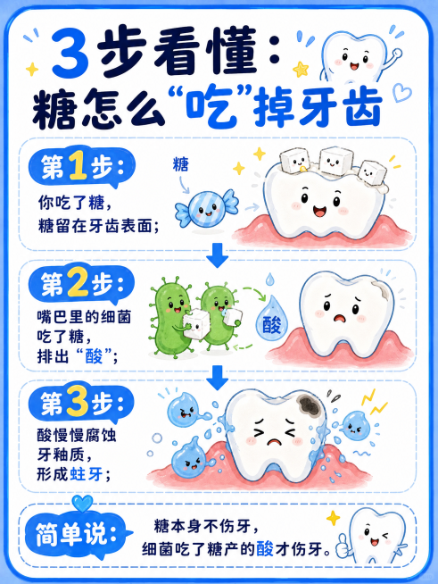 参考提供的图片风格：卡通可爱手绘风格，蓝白清新配色，牙齿拟人化设计，文字排版层次分明，分三个步骤用箭头连接，每一步配拟人化小插图，内容分别是：第一步糖+细菌=酸，第二步酸腐蚀牙齿，主标题文字"3步看懂预览效果