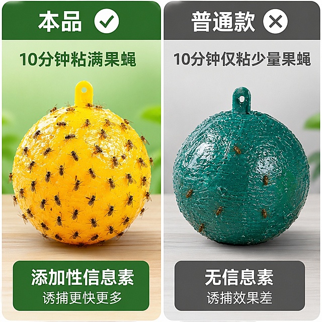 [主图-8] 本品vs普通款对比图
[氛围风格] 对比清晰，直观可信
[画质] 高清清晰，对比分明
[元素] 左右分栏对比，左侧本品诱蝇球，标注√，10分钟粘满果蝇，右侧普通款标注×，只有少量果蝇；保持本品产品外观纹理颜色和参考图一致，不变形。背景左右分区，本品绿色底，普通款灰色底。
[光影] 均匀光线，左右对比光线一致，清晰展示差异
[配色] 左绿右灰区分，本品黄色球体突出，对比清晰
[文字版式] 左右顶部标注本品/普通款，底部本品标注添加性信息素，诱捕更快更多，普通款标注无信息素 诱捕效果差，文字清晰对比强烈
[比例分辨率] 1:1比例，4k分辨率，文字清晰超高清
[负向提示词] 变形，文字错乱，背景杂乱，水印，证书，报告