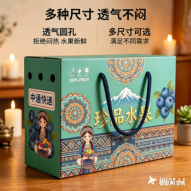 [主图 3] 水果礼盒透气设计展示图，温馨舒适家居治愈风；
[氛围风格] 细节清晰，自然通透，温馨治愈；
[画质] 商业摄影质感，光线柔和通透，产品清晰真实，画面干净高级；
[元素] 特写展示精品水果礼盒侧面的透气圆孔设计，礼盒斜放在木质桌面上，背景虚化；保持礼盒原有外观颜色纹样与原图完全一致，细节清晰无变形；突出透气圆孔设计，展示多种尺寸可选的属性；商品主体占比约70%，画面满屏无边框；
[光影] 自然柔和侧光，突出孔洞边缘和箱体纹理，明暗层次自然；
[配色] 保留产品原有绿色民族风配色，搭配暖木色背景，整体温馨和谐；
[视角构图] 平视特写视角，浅景深聚焦透气孔细节；
[文字版式] 顶部主标题加粗居中“多种尺寸 透气不闷”，下方分两栏标注卖点：左「透气圆孔」「拒绝闷热水果新鲜」，右「多尺寸可选」「满足不同需求」，文字清晰易读，不遮挡核心细节；
[比例分辨率] 1:1比例，2k分辨率，文字清晰锐利，画面超高清；
[负向提示词] 变形，水印，文字错乱，产品图模糊，背景杂乱，颜色刺眼，遮挡主体，牛皮癣