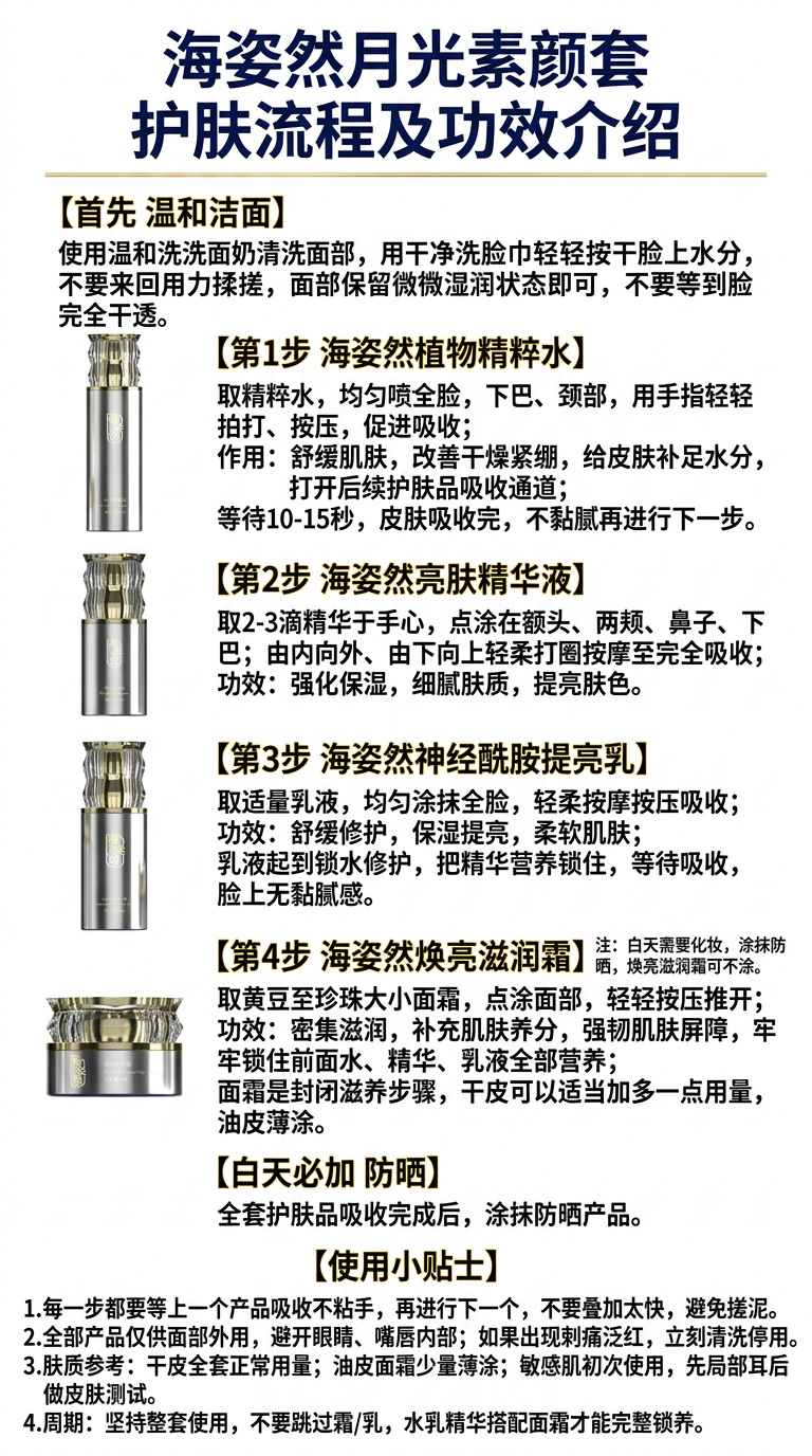 海姿然月光素颜套护肤流程图文长图，竖版9:16比例，简约白金色… - 图片创意预览