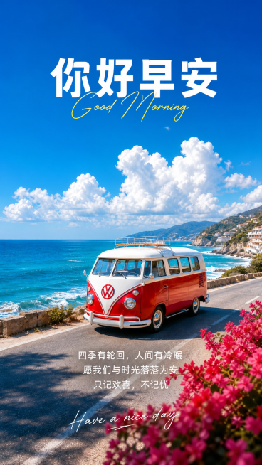 竖版早安日签海报，治愈系旅行风，高饱和清新色调，电影感质感
背景画面：金黄色草原上停着一辆蓝白相间的复古大众T1面包车，背景是湛蓝天空和大朵蓬松的白云，整体是明亮通透的旅行风景，画面干净治愈
文字排版预览效果
