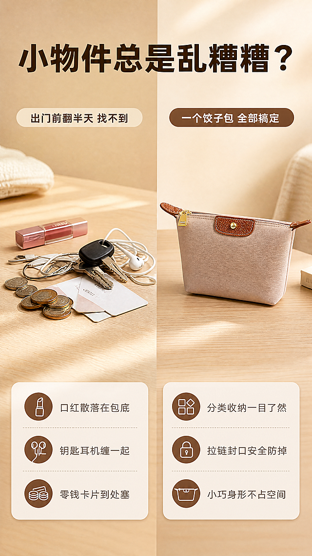[商品] 使用【图1】迷你饺子包，奶茶色尼龙、棕色皮标、金色五金；保留产品结构、颜色、材质与五金细节；增强面料纹理与金属光泽。
[画面] 目标：痛点对比页，展示小物件散乱的日常困扰与使用饺子包后的整洁状态。构图：左右分栏对比，左半区痛点场景（桌面散乱的口红、钥匙、耳机、零钱），右半区解决后场景（同款桌面，饺子包整齐摆放，小物全部收纳其中）。景别：桌面中景。前中后景：前景木质/米色桌面、中景散乱物品vs饺子包、后景暖米色背景墙。阅读动线：从左到右对比阅读。
[视觉] 套系策略：风格=暖调高级商业摄影，精致影棚质感；标题字=现代黑体粗体，字重厚重；正文字=简洁无衬线黑体；主色=奶茶米杏色；背景延展=基于奶茶米杏做深浅渐变、同色系层次与细腻纸张/织物质感；强调色=深棕褐色，仅用于小面积图标、引线和标签；标题色=深棕褐色；正文色=中暖灰色；组件=圆角浅底信息卡、细线引线、胶囊标签；光影=左前侧45度暖柔光，右侧柔和补光，底部自然投影。
[文字] 顶部通栏主标题：小物件总是乱糟糟？；左栏上方小标题：出门前翻半天 找不到；左栏下方3个痛点短标：口红散落在包底、钥匙耳机缠一起、零钱卡片到处塞；右栏上方小标题：一个饺子包 全部搞定；右栏下方3个解决短标：分类收纳一目了然、拉链封口安全防掉、小巧身形不占空间。文字均为横排，不遮挡产品主体。
[规格] 图片比例9:16竖版，4K分辨率，负向提示：避免变形、错字、文字过小、冷蓝/蓝灰背景、产品颜色改变、版型失真、水印、二维码。