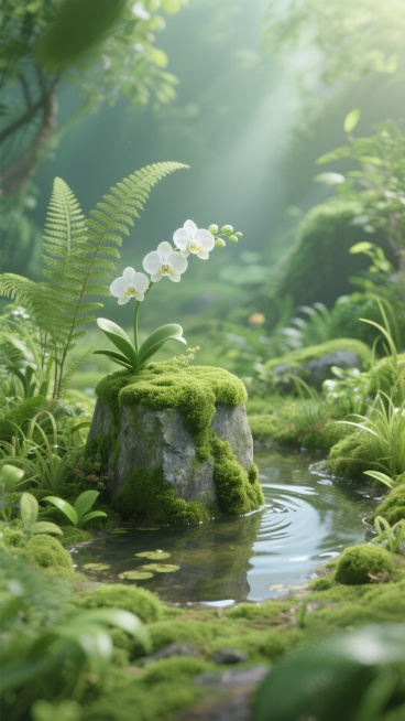 微观生态场景。特写一个绿色苔藓覆盖的矮墩型石块，居中。一小汪清澈小水洼，搭配蕨类植物、白色兰花，周围环绕各类翠绿草本植物；光线柔和自然朦胧，整体清新静谧预览效果