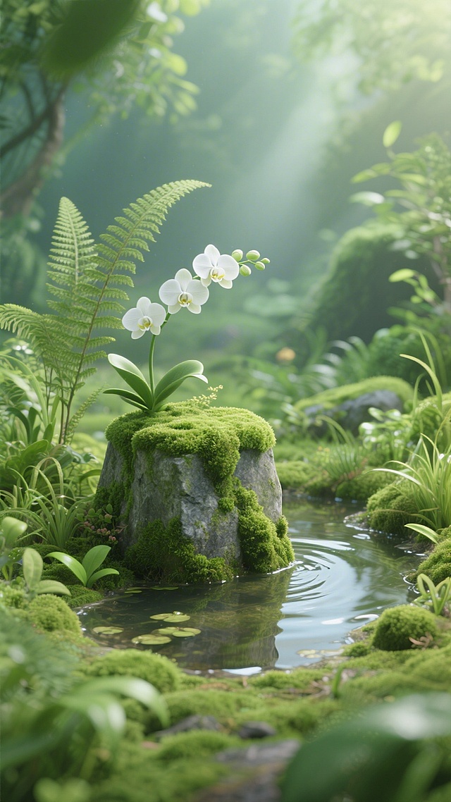 3D风虚拟自然场景，水彩与油画交融的光影感，白兰花静立青苔石上，溪流环绕，营造清新梦幻、静谧唯美的文艺意境。
