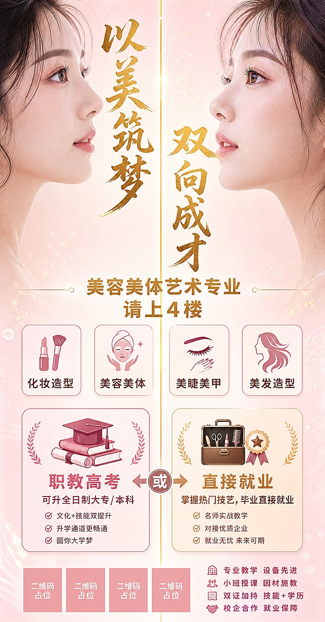 高清竖版海报正视图，比例11:21，平整展示无透视变形，无室内杂物。画面正中央有一条清晰竖线门缝贯穿上下，将画面分为左右两扇门的视觉效果。

整体风格亮丽年轻有设计感，美业简约高级配色，粉白色渐变底色配细碎金色星光点缀，高级质感。

【主标题区】占上下空间约40%：
- 左列文字"以美筑梦"，位置偏高，字体洒脱遒劲有笔锋和飞白，字色为暖金色金箔质感带光泽
- 右列文字"双向成才"，位置下移，与左列形成错落排版，避开人脸位置
- 左右两列通过中间竖线门缝自然分隔

【副标题区】主标题下方居中两行：
- 第一行"美容美体艺术专业"
- 第二行"请上4楼"
- 字体圆润饱满，色彩与主题暖金色搭配协调

【专业模块区】副标题下方：
- 四个模块化卡片横向并列呈现："化妆造型"、"美容美体"、"美睫美甲"、"美发造型"
- 每个模块用精致圆角卡片承载，简约高级，图标+文字组合

【毕业双方向区】专业模块下方，并列展示两个方向选择，让家长一眼可辨：
- 左侧方向卡片（升学方向）：配毕业帽/书本/学士帽图标，标题文字"职教高考"，副标题"可升全日制大专/本科"
- 右侧方向卡片（就业方向）：配工具箱/奖牌/职业装图标，标题文字"直接就业"，副标题"掌握热门技艺，毕业直接就业"
- 两个卡片并列对称，用不同图标和细微色差区分，中间用"或"字或双向箭头连接，凸显双选择并列关系

【背景人像】整个海报背景是年轻亚洲女性美容美学人像摄影，干净自然妆容，侧脸特写，眼神明亮，哑光写真效果，高级有质感，人像平铺整个画面作为底图，粉白色渐变蒙层叠加保证文字清晰可读

画面中所有文字清晰可读、笔画完整无遮挡，字与背景对比清晰。版式精美，排版错落有致，整体高级有质感。

画面中所有二维码区域使用纯色方块占位符呈现，方块中央标注"二维码占位"文字，严禁生成任何可识别的二维码图案。
画面中所有信息区域、套餐卡片、价格表格、权益列表、对比模块、福利条目、课程大纲、议程、嘉宾介绍区等必须填充完整合理的内容，不得出现空白框、空白占位、横线待填写区域、空列表项、空单元格；用户未提供具体内容时，基于海报主题和场景合理补全典型内容，确保是完整可用的成品海报而非待填写模板。

画面中必须完整呈现以下文字信息："以美筑梦"、"双向成才"、"美容美体艺术专业"、"请上4楼"、"化妆造型"、"美容美体"、"美睫美甲"、"美发造型"、"职教高考，可升全日制大专/本科"、"掌握热门技艺，毕业直接就业"。
画面中所有数字必须精确渲染，不得错位、遗漏或编造。