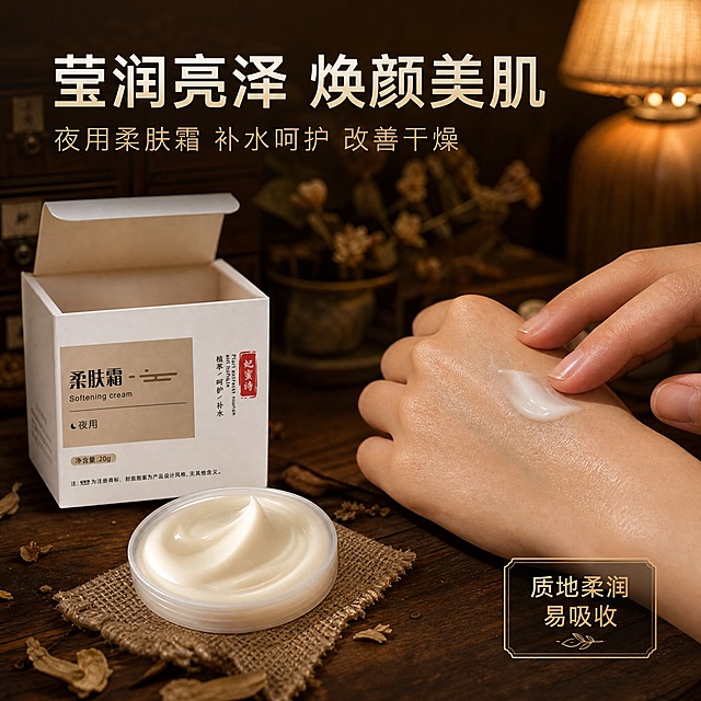 [主图-3] 质地肤感与使用场景，夜用柔肤霜使用效果展示。
[统一基调] 整体风格为温润中药草本风，背景主色为深棕与暖棕渐变，点缀古朴中药柜、干草本植物、麻布纹理元素；标题字色为米白色，辅助字色为浅棕色，强调色为暗金色；字体为干净的非衬线体，字号层级分明；卡片和边框采用细金线与半透明深棕底样式。
[画面] 画面左侧为产品妃蜜诗柔肤霜白色方盒，盒盖打开，旁边放着挖出的乳霜质地特写（细腻柔滑的米白色膏体），占画面约40%；右侧为女性手背特写，正在涂抹柔肤霜，展示膏体推开后的水润光泽和吸收感，皮肤呈现莹润状态；背景为深棕色木质桌面，虚化的暖棕色床头台灯和干花束营造夜间护肤氛围，桌面上散落少量干草本叶和麻布小垫；整体体现夜间护肤、温润滋养的使用场景。
[光影质感] 商业摄影质感，暖调柔光从右上方打下，模拟床头灯温馨光线；膏体特写突出细腻绵密质地，有自然光泽；手背皮肤真实自然，涂抹处有水润光泽感；产品和手部有自然接触阴影，无悬浮感。
[配色] 主色深棕色、暖棕色、肤色，辅助色米白、暗金、浅棕，膏体为自然米白色；整体暖棕调统一，语义色仅作膏体和皮肤本色。
[文字版式] 画面上方主标题大字米白色"莹润亮泽 焕颜美肌"；主标题下方副标题浅棕色"夜用柔肤霜 补水呵护 改善干燥"；画面右下角有暗金色细线小卡片，写"质地柔润 易吸收"；文字均放在负空间，不遮挡产品和手部主体。
[输出要求] 比例1:1，2048x2048，文字清晰可读，产品清晰不变形，手部自然真实无畸形，膏体质感细腻，无错字，无水印，无平台logo，禁止夸张对比、医疗暗示、悬浮穿模。