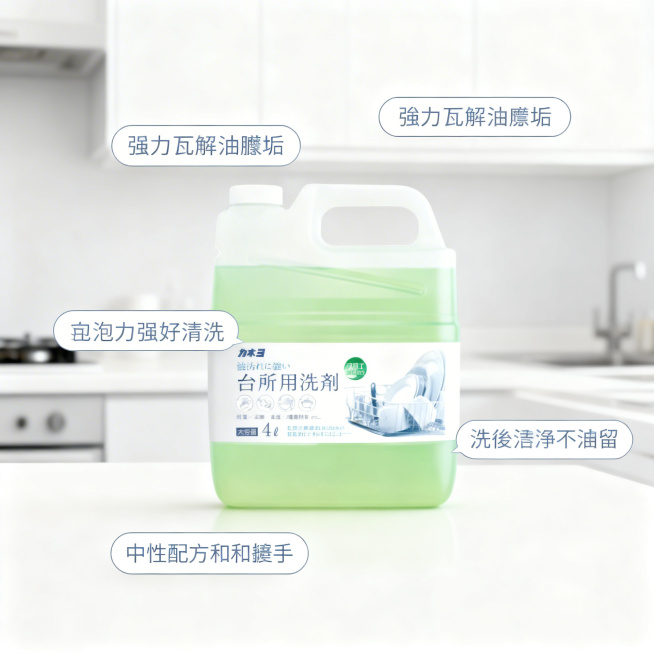 Kaneyo中性洗碗精核心卖点主图，氛围风格为舒适简约家居明亮风。画面元素：洗碗精产品居中摆放，周围环绕错落排列的胶囊卖点标签，背景为干净浅灰白色厨房背景，全屏无边框，产品外观和原图保持一致。配色色系预览效果