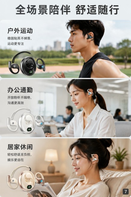 [第7屏] 多场景适配-OWS挂耳式蓝牙耳机适用场景。本屏三色产品分别展示不同场景，图片标注编码7。
[氛围/风格] 生活化场景拼图，自然真实，清新明亮。
[元素布局] 页面分为三格：第一格黑色款【图预览效果