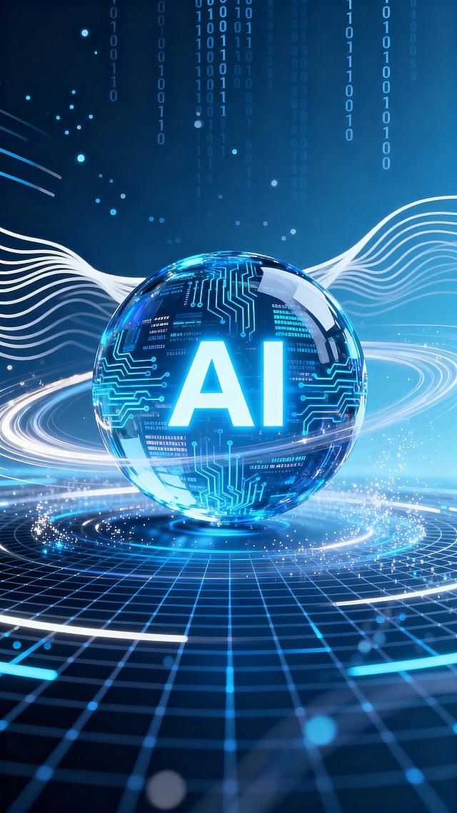 该广告图采用竖版布局，中心为一个透明蓝色的AI智能球体，内部嵌有发光“AI”字样，表面布满数据流与电路纹理。球体悬浮于充满科技感的网格之上，周围环绕着动态光带和粒子轨迹，象征高效的信息处理能力。背景采用深蓝渐变，点缀白色波纹线条、二进制代码与光点阵列，营造未来数字空间氛围。。整体风格现代且富有动感，色彩以蓝白为主调，传递高效、智能的专业形象。
