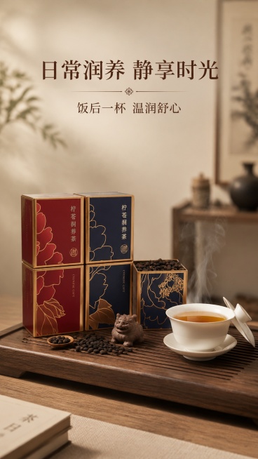 [第4屏] 品茶场景种草-日常冲泡饮用展示。本屏使用【图1】产品作为主体。
[氛围/风格] 新中式茶室场景，静谧治愈氛围感，生活化摄影质感
[元素布局] 产品礼盒放置在实木茶盘左侧，右侧摆放白瓷盖碗，预览效果