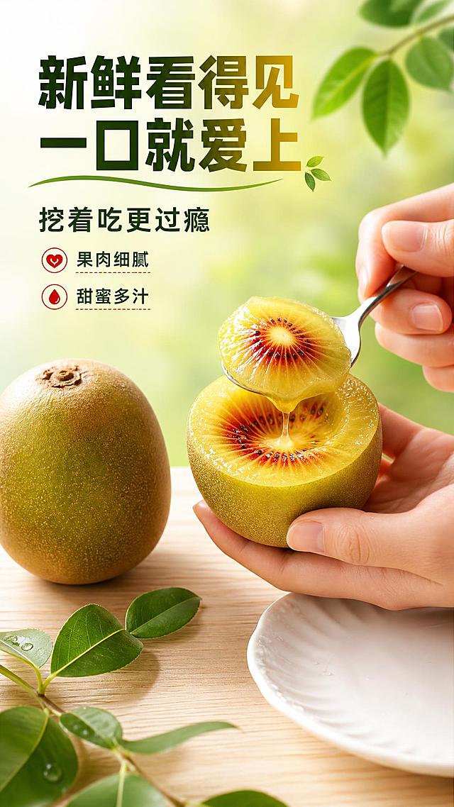 [商品] 使用【图1】西峡红心猕猴桃；保留整果形态、绿皮细毛、切面红心结构和颜色；一只手正在用勺子挖取切面果肉，动作自然真实。
[画面] 第5张·手部动作页，手部操作型。画面中央偏右为一只手（亚洲人手型）用勺子从半颗猕猴桃中挖出一勺红心果肉，果肉挂在勺子上展示质地；左侧放一颗完整猕猴桃；背景为浅色木质桌面，点缀新鲜叶片和白色小餐盘；主体占画面约55%，动作清晰有食欲感。
[视觉] 套系策略：风格=生鲜农特产地新鲜商业摄影风；标题字=粗黑体厚重醒目；正文字=简洁黑体；主色=猕猴桃绿+暖金黄；背景延展=基于猕猴桃绿做深浅渐变、果园光晕和自然叶片纹理；强调色=红心红，仅用于小面积图标、引线和标签点缀；标题色=深绿+暖黄渐变；正文色=深棕绿；组件=圆角浅绿信息卡、细线引线、叶片装饰元素；光影=窗边自然光，温暖柔和，桌面有自然阴影。
[文字] 画面上方主标题"新鲜看得见 一口就爱上"，副标题"挖着吃更过瘾"，下方2个短句："果肉细腻""甜蜜多汁"；文字全部横向排版，位于画面左上区域，不遮挡手部动作和猕猴桃主体。
[规格] 图片比例9:16竖版，4K，避免变形、错字、文字过小、手部不自然、出现顺丰字样和标价、出现平台Logo水印。