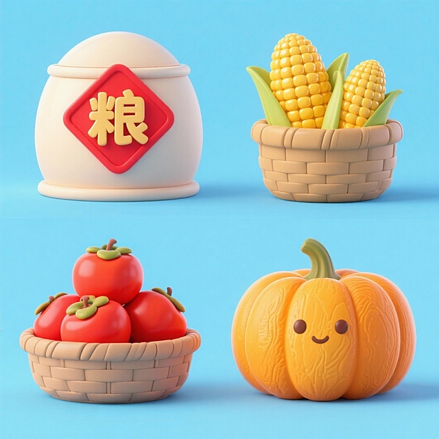 4个中秋素材组合，可爱电商促销感。素材包括：第一个粮仓（贴着带有 “粮” 字的红色菱形福字）；第二个一筐玉米；第三个一筐柿子；第四个南瓜。画面整体呈现鲜艳效果，淡蓝色背景。上下两行，排列整齐