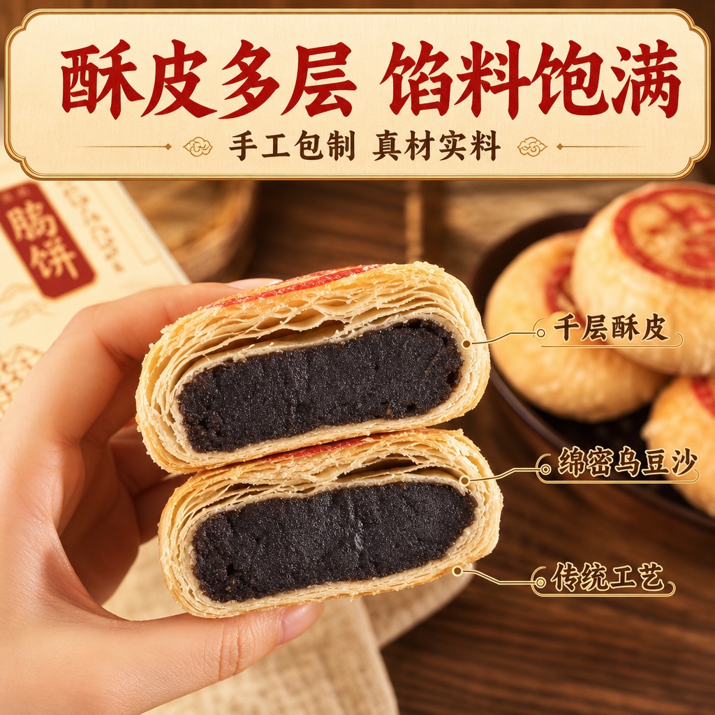[主图-2] 核心亮点：酥皮多层+馅料饱满，展示内部结构与真材… - 图片创意预览