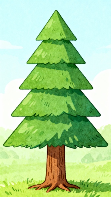 将树木大树树顶顶到天空，树根位于画面底部六分之一处并占满画面宽度，以绿色为主色调，树形为层叠的三角形松树结构，棕色树干带有肌理质感，整体风格清新自然，兼具卡通插画的简洁与手绘的柔和质感，属于绿色大自然预览效果