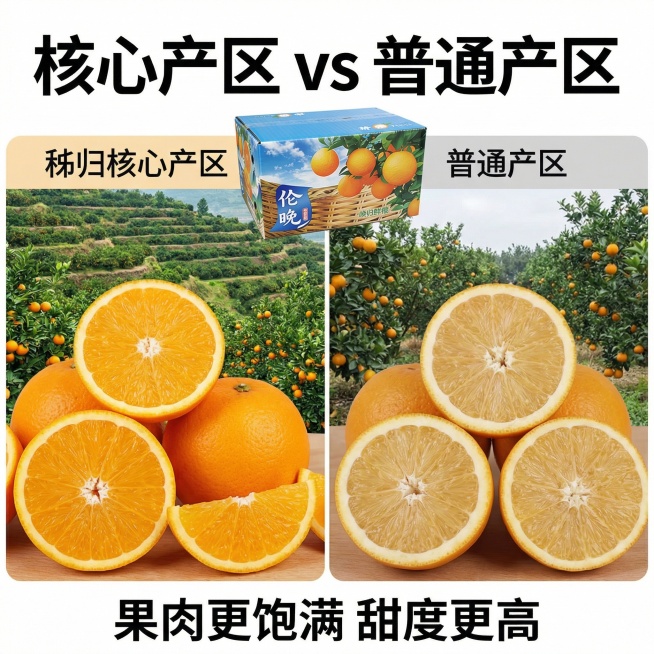 请在帮我生成几张关于伦晚脐橙的电商产品主图，突出秭归屈原故里核心产区预览效果