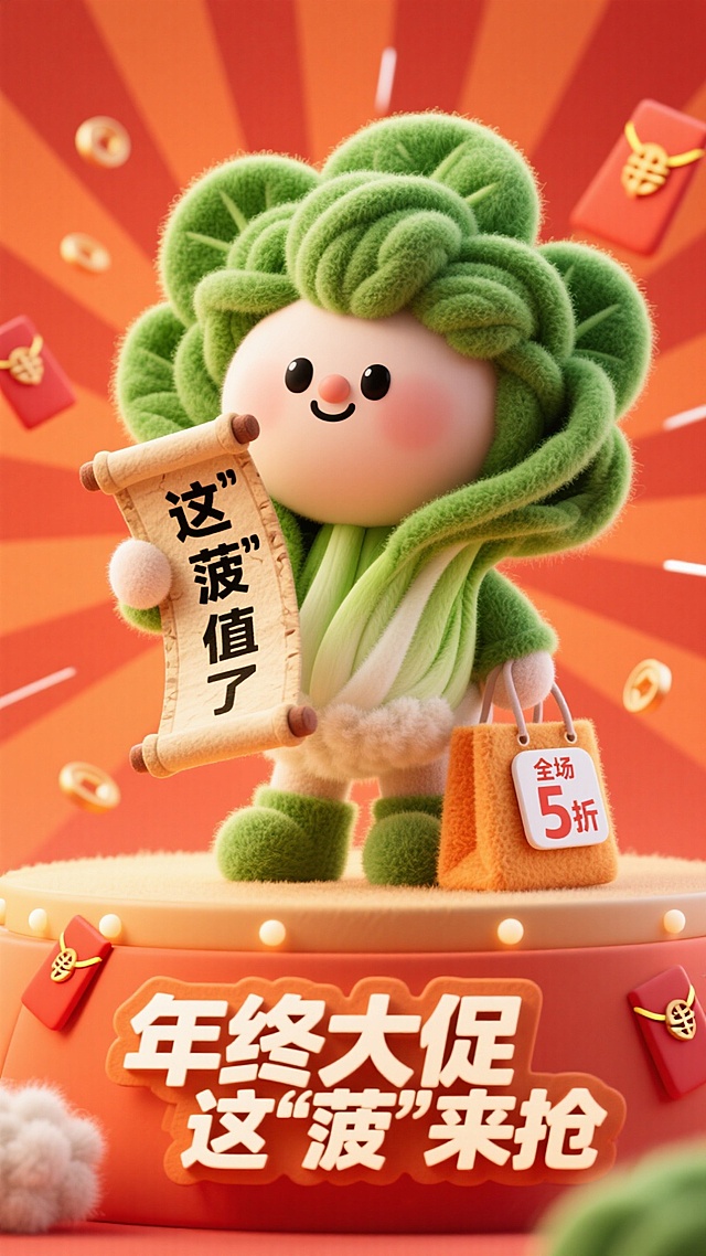主视觉为可爱菠菜小人手持卷轴，写有 这“菠”值了，旁边放着一个购物带，挂着一个带“全场5折”的标签，促销感橙红背景，放射线、红包元素点缀，画面下方3D文字标签“年终大促 这‘菠”来抢。