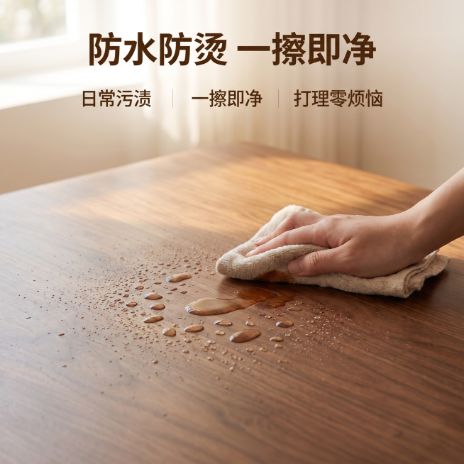 [主图 3] 纯实木桌面板材质防水防烫细节展示主图。
[氛围风格] 家居治愈风，真实细节特写，生活感；
[画质] 商业摄影质感、光线柔和通透、产品清晰真实、画面干净高级。
[元素] 全屏放大展示纯实木预览效果