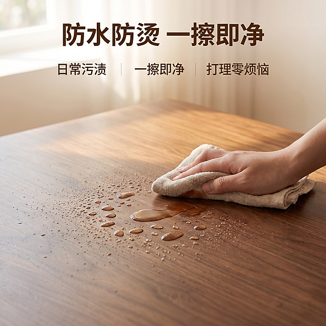 [主图 3] 纯实木桌面板材质防水防烫细节展示主图。
[氛围风格] 家居治愈风，真实细节特写，生活感；
[画质] 商业摄影质感、光线柔和通透、产品清晰真实、画面干净高级。
[元素] 全屏放大展示纯实木桌面，桌面上有滚落的水珠，演示防水功能，水珠清晰透亮。搭配一只手用抹布轻轻擦拭桌面污渍，展示易清洁特性。保持纯实木桌面板木纹材质颜色与输入产品图绝对一致，杜绝任何变形和色差，精细化处理。商品主体占比75%，画面满屏无边框。
[光影] 柔和顶光，突出木纹凹凸质感和水珠透亮感，明暗清晰，质感真实。
[配色] 主色原木暖棕色，水珠透明洁净，整体自然温馨。
[视角构图] 平视特写，聚焦桌面材质细节，景深较浅，背景虚化突出主体。
[文字版式] 顶部大标题「防水防烫 一擦即净」，深棕色粗体；底部三列排列说明：第一列「日常污渍」、第二列「一擦即净」、第三列「打理零烦恼」，每列文字居中，深棕色细体，文字不遮挡主体水珠。
[比例分辨率] 1:1比例，2k分辨率，文字清晰锐利，画面超高清。
[负向提示词] 变形，水印，文字错乱，产品图模糊，背景杂乱，文字遮挡主体，绝对化违禁词，牛皮癣，配色刺眼。