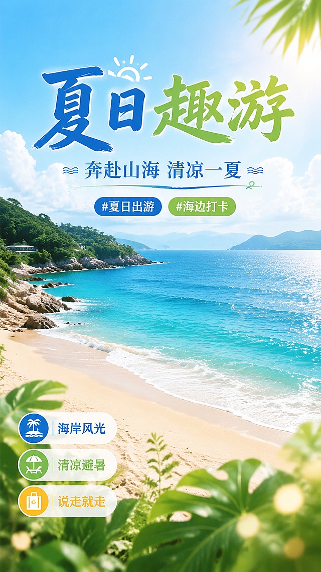 写实商业摄影风格夏季旅游海报，整体清新治愈，9:16竖版，画面主体是蔚蓝海岸与细腻沙滩，前景点缀热带绿植光斑，层次清晰。主文字："夏日趣游"，副标题："奔赴山海 清凉一夏"，装饰标签：#夏日出游 #海边打卡，三个卖点文案放在角落："海岸风光"、"清凉避暑"、"说走就走"，所有文字清晰可读不遮挡主体，版式精美，整体营造夏日出游放松治愈的氛围。