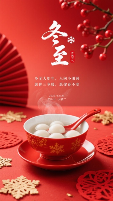 生成4张冬至海报，比例9:16。采用近景聚焦 + 喜庆国风的视角：画面主体是正红色釉面瓷碗（带金色雪花暗纹），碗内盛着圆润的白色汤圆，汤汁冒着朦胧白汽，碗旁配同色红瓷勺，碗置于红瓷碟上；背景元素：正红预览效果