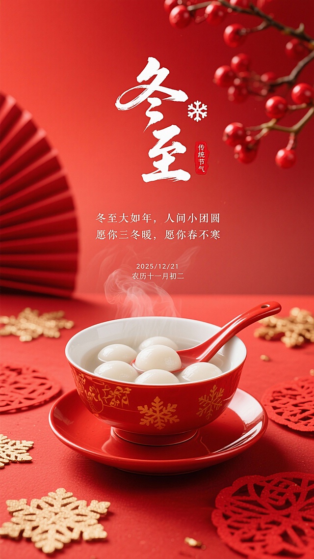 生成4张冬至海报，比例9:16。采用近景聚焦 + 喜庆国风的视角：画面主体是正红色釉面瓷碗（带金色雪花暗纹），碗内盛着圆润的白色汤圆，汤汁冒着朦胧白汽，碗旁配同色红瓷勺，碗置于红瓷碟上；背景元素：正红色渐变底色，左边红色桌面点缀展开的红色折扇，右上角延伸出带鲜红浆果的枝条，红色桌面散落着金色镂空雪花装饰、红色剪纸花纹；文字布局：画面中上部是白色毛笔书法 “冬至”（笔触洒脱有力），旁侧嵌白色雪花图标与朱红 “传统节气” 印章；书法下方是白色文字 “冬至大如年，人间小团圆 愿你三冬暖，愿你春不寒”；底部标注 “2025/12/21 农历十一月初二”；整体风格：浓艳喜庆的国风写实风，色调以正红、金、白为主，光线是柔和的暖光（突出汤圆的温润质感与白汽的朦胧氛围），细节需呈现：瓷碗的釉面光泽、汤圆的圆润肌理、白汽的缥缈层次、雪花装饰的镂空纹理，8K 分辨率，氛围是冬至的暖情团圆感，兼具传统节日的喜庆与温柔祈愿的质感。