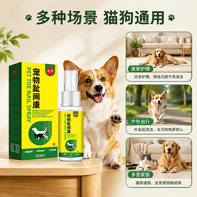 [主图-4] 适用场景展示图，多场景适用适配。
[氛围风格] 生活化自然风，清晰展示适用范围
[画质] 商业摄影质感、光线柔和通透、产品清晰真实、画面干净高级
[元素] 保持原产品外观，包装和喷雾瓶的颜色、文字、结构与输入产品图绝对一致，杜绝任何变形和色差，精细化处理。左侧主图放置产品搭配一只健康狗狗抬脚坐姿，右侧三个圆角小卡片分别展示：居家客厅日常护理、户外出行后清洁、多宠家庭猫狗通用场景，每个场景卡片配对应简短说明，狗狗爪子均保持干净健康无红肿
[光影] 整体自然柔光，每个场景光影统一协调，明暗清晰
[配色] 背景浅米白，提取产品黄绿作为主配色，卡片浅绿边框，清新自然
[视角构图] 左主右卡拼图版式，构图均衡，主体产品突出
[文字版式] 大标题"多种场景 猫狗通用"放置顶部，每个场景卡片配1-2字场景标签，文字清晰不遮挡主体画面
[比例分辨率] 1:1 比例，2048*2048分辨率，文字清晰锐利，超高清
[负向提示词] 变形，文字错乱，产品图模糊，爪子红肿，背景杂乱，水印，电商平台Logo，恶心血腥画面
