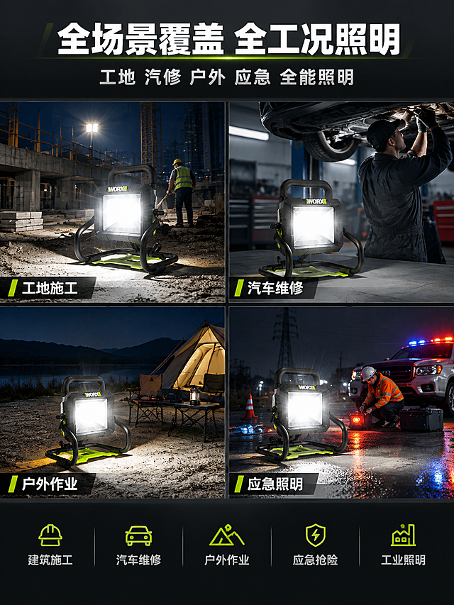 [商品] 使用【图1】威克士WU026.9 20V锂电LED工作灯；保留全部外观结构和配色；产品精修增强质感，灯头发光。
[画面] 页面目标：多场景应用展示，证明全工况适用。构图：顶部标题区，中部4宫格场景图，底部适用行业说明。4宫格：左上"工地施工"场景，工作灯在建筑工地夜间照明，照亮施工区域；右上"汽车维修"场景，工作灯在汽修车间照明维修作业；左下"户外作业"场景，工作灯在户外夜间作业/露营照明；右下"应急照明"场景，工作灯在停电/抢险应急场景照明。每个场景中工作灯比例真实，灯光照亮周围环境效果自然。
[视觉] 套系策略：风格=高级工业风商业摄影；标题字=粗黑无衬线体；正文字=简洁无衬线体；主色=深炭黑；背景延展=深炭灰渐变底，场景图为真实夜间/室内作业环境；强调色=荧光绿，用于场景标签和数据高亮；标题色=纯白色；正文色=浅灰色；组件=场景图底部半透明黑底标签、荧光绿数据条；光影=场景内以工作灯为主要光源，光线自然真实，产品融入场景有真实阴影。
[文字] 顶部主标题"全场景覆盖 全工况照明"白色粗体，副标题"工地 汽修 户外 应急 全能照明"浅灰。4宫格每格底部有半透明黑底标签，白色场景名称。底部适用行业说明横排："建筑施工""汽车维修""户外作业""应急抢险""工业照明"。文字全部横排。
[规格] 图片比例3:4竖版，4K，避免变形、错字、比例失真、危险操作、平台Logo水印。