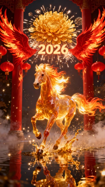 指令名称：祥瑞2026·朱雀/凤凰羽翼版
适用场景：高端大气，祈求平安吉祥。
主体：一匹通体发光的黄金神马，位于画面中心，正朝着镜头方向奔跑。马身呈半透明的琥珀质感，肌肉线条清晰可见。
材质与光效：马预览效果
