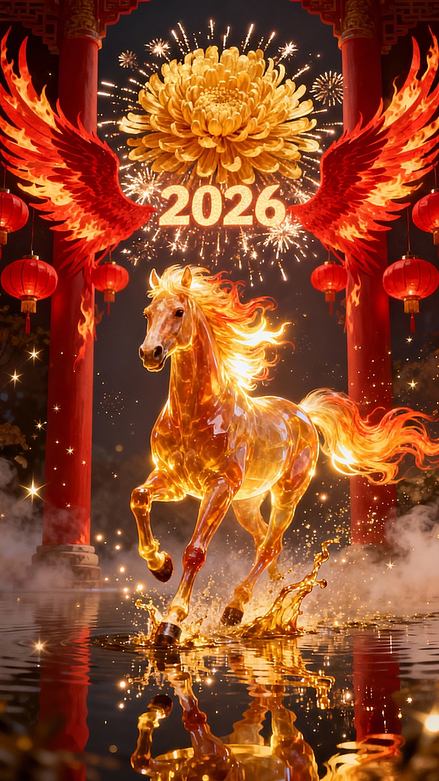宏图2026·紫禁城角楼版 适用场景：官方、大气、国潮风。 主体：一匹通体发光的黄金神马，位于画面中心，正朝着镜头方向奔跑。马身呈半透明的琥珀质感，肌肉线条清晰可见。 材质与光效：马身散发着炽热的金色光芒，马蹄踏在水面上，溅起液态黄金般的水花，水花在空中化为光点。马鬃和马尾如同流动的火焰，随风向后剧烈飘动，发丝边缘带有明亮的辉光。 背景：背景替换为故宫紫禁城角楼的夜景剪影，城墙上传统的红灯笼连成一