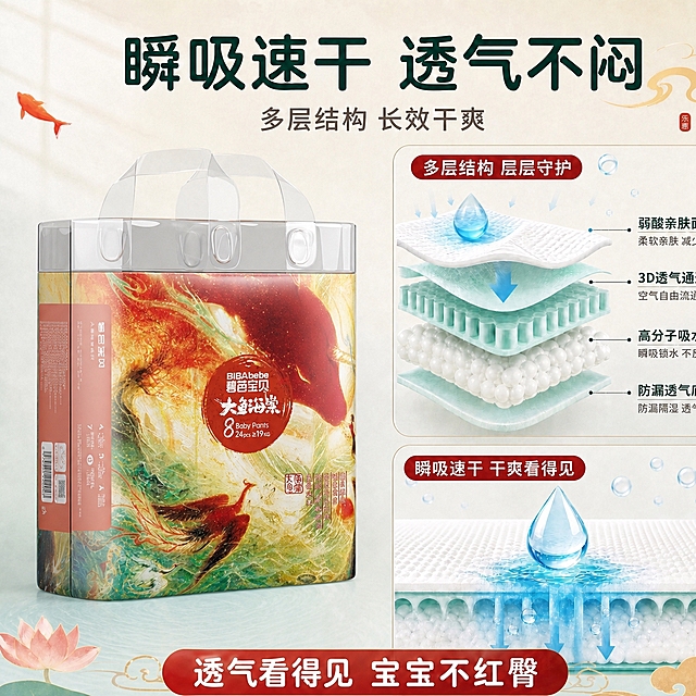 将图中左侧的纸尿裤包装替换为第二张图的纸尿裤包装（透明提手、红色大鱼海棠图案、8码Baby Pants），保持原海报的构图、背景、文字、右侧结构示意图和整体风格完全不变，产品位置、角度、光影与原图一致，自然融合不违和