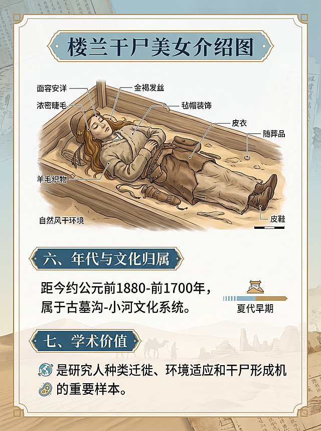 楼兰干尸美女介绍图，3:4比例，插图搭配文字注释，包含标题"六、年代与文化归属 七、学术价值"，文字内容:距今约公元前1880-前1700年，属于古墓沟-小河文化系统，是研究人种类迁徙、环境适应和干尸形成机制的重要样本。要求字体清晰准确，学术科普风格，清晰的插图搭配文字注释