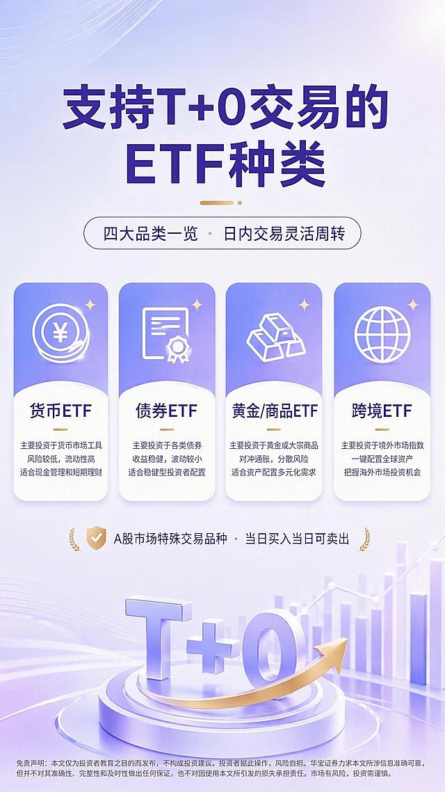 在这张金融海报的底部添加一段左对齐的免责声明文字，文字内容为："免责声明：本文仅为投资者教育之目的而发布，不构成投资建议。投资者据此操作，风险自担。华宝证券力求本文所涉信息准确可靠，但并不对其准确性、完整性和及时性做出任何保证，也不对因使用本文所引发的损失承担责任。市场有风险，投资需谨慎。"。文字使用小号深灰色字体，左对齐排列，放在画面最底部，与底边保留适当边距，不遮挡原有内容。保持原海报的浅蓝紫色和白色金融风格不变，整体画质高清2K。