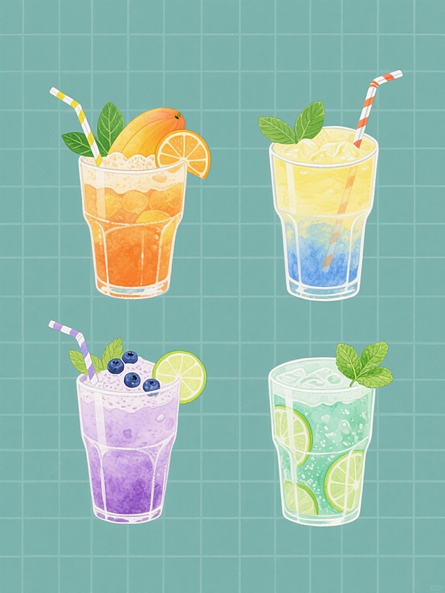 一系列4个不同夏日饮品插画，保持手绘水彩风格，透明玻璃杯质感，杯口装饰绿叶，彩色吸管，每个杯子装不同饮品（橙汁、芒果冰沙、蓝莓苏打、青柠薄荷饮），分别采用橙色、黄色、蓝紫色、青绿色系，纯色背景，规整网格排布，无文字，水彩晕染效果，柔和光影，细腻笔触，清凉氛围，同类目元素集合