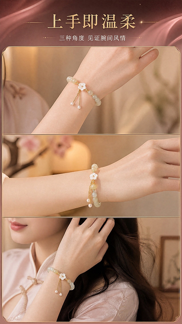 [商品] 使用【图1】MOLADY沫兰和田玉花朵手链；手链佩戴在亚洲女性手腕上；保留手链完整结构与颜色；佩戴位置自然贴合手腕内侧，不改变产品比例。
[画面] 目标：佩戴效果多角度展示，呈现上手感与气质；构图：竖版三格拼图，从上至下分别展示：手腕正面佩戴效果、侧面角度、抬手轻拂发丝的动态瞬间；每格均为亚洲女性纤细白皙手腕佩戴手链；场景：暖调室内柔光环境，背景简洁高级；每格画面中手链为视觉焦点，手部动作自然优雅。
[视觉] 套系策略：风格=轻奢国风高级商业摄影；标题字=优雅宋体衬线体；正文字=简洁现代无衬线体；主色=豆沙粉+暖金；背景延展=基于豆沙粉做深浅渐变、同色系明暗层次和细腻绒面/丝绸质感；强调色=香槟金，仅用于小面积图标、引线、装饰线条和光效；标题色=暖金色；正文色=米白色；组件=细线金色分割线、圆角浅金信息卡；光影=柔和暖光，手部皮肤呈现自然质感，玉珠与金属有细腻高光，整体氛围温柔高级。
[文字] 画面顶部居中：主标题"上手即温柔"（暖金宋体大字），副标题"三种角度 见证腕间风情"；三格画面之间用细金线分隔；文字不遮挡手链主体。
[规格] 图片比例9:16竖版，4K分辨率，负向提示：避免变形、错字、文字过小、冷蓝背景、产品颜色改变、结构失真、平台Logo、水印、二维码、绝对化用语、手部比例失调。
