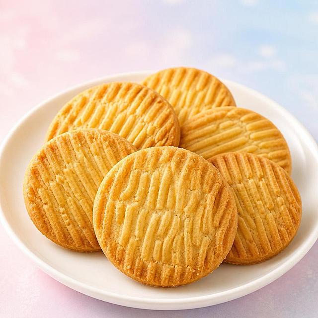 保留圆形饼干真实的外观和表面纹理细节，去掉原图上所有文字，将几块这样的饼干摆放在干净的纯白色圆形碟子中，背景为淡粉紫与淡蓝白过渡的马卡龙浅色系柔和渐变，搭配温暖柔和的自然光效，整体氛围明亮治愈可爱，画面不加任何文字，风格与之前饼干系列图保持统一