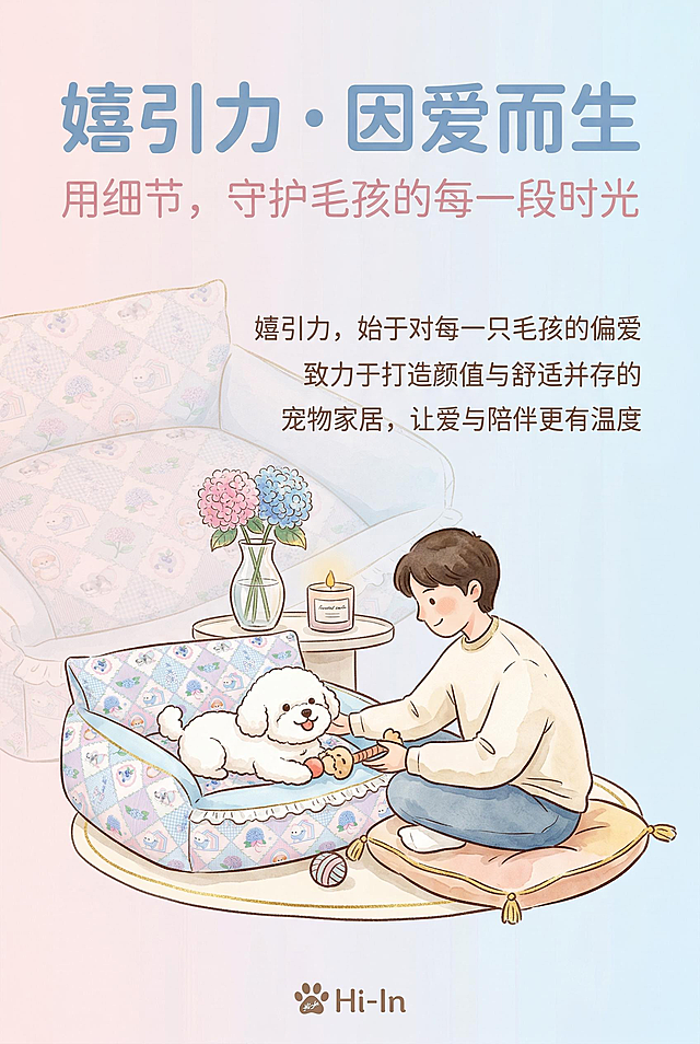 2:3竖屏，杂志级精致排版，温馨插画风格，不展示产品实物，以品牌理念为核心可视化。画面用柔和的水彩插画呈现「铲屎官与毛孩的温馨日常」场景，搭配文字：「嬉引力，始于对每一只毛孩的偏爱，致力于打造颜值与舒适并存的宠物家居，让爱与陪伴更有温度」。主标题：「嬉引力・因爱而生」，副标题：「用细节，守护毛孩的每一段时光」。文字采用圆润无衬线字体，主标题浅蓝粗体，副标题浅粉细体，背景为淡粉色渐变，点缀小面积绣球花暗纹。避免插画风格杂乱、文字排版混乱、风格割裂、低分辨率、无关元素、颜色偏差、信息空洞。