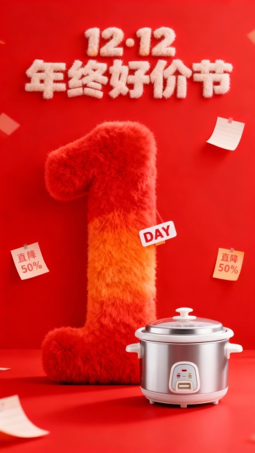 主视觉为一个红橙渐变毛绒材质的“1” ，“DAY”标签位于数字“1”上，商品位于画面右下角，背景是高饱和红色结合便签纸元素，画面上方为毛绒主标题“12·12 年终好价节”，“直降50%”便利贴装饰。预览效果