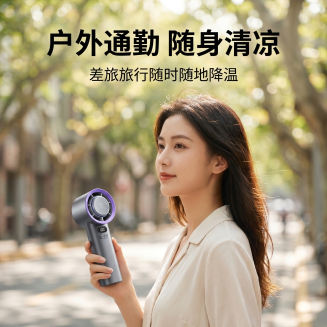 [主图 3] 户外便携使用场景展示
[氛围风格] 轻生活氛围感，真实自然
[画面元素] 商业摄影质感、光线柔和通透、产品清晰真实、画面干净高级。原图同款灰紫手持风扇被一位年轻女生握持在手中，女生在户外预览效果