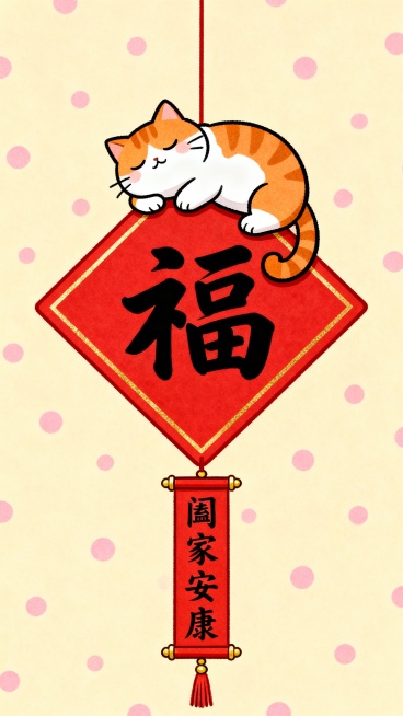 一幅中国传统春节主题的插画，采用可爱的卡通手绘风格，整体色调以柔和的米黄色为背景，点缀着粉色的小圆点图案。画面中央是一个红色的菱形挂饰，边缘有金色的细边框，菱形上方趴着一只橘白相间的胖猫咪，它有着白色的肚皮和脸，闭着眼睛，尾巴卷曲，姿态慵懒可爱。菱形中央是黑色的大字“福”。菱形下方悬挂着一个红色的长条形卷轴，卷轴两端有金色的装饰和流苏，卷轴上书写着黑色的“阖家安康”四个汉字。整体构图对称平衡，……预览效果
