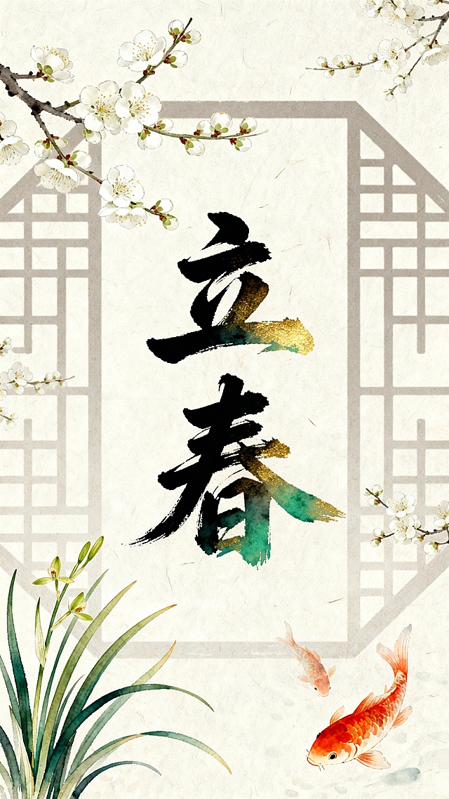 水墨风与工笔风融合，大字“立春”以金绿晕染，配以梅花、兰草与锦鲤，古典雅致，清新柔和，尽显中式文艺意境。