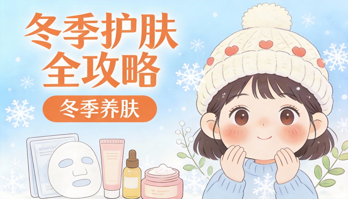卡通风格，尺寸宽90cm高50cm背景是冬季文案冬季养肤图片需要有小女孩和面膜护手霜面霜预览效果