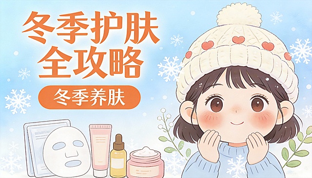 卡通风格，尺寸宽90cm高50cm背景是冬季文案冬季养肤图片需要有小女孩和面膜护手霜面霜