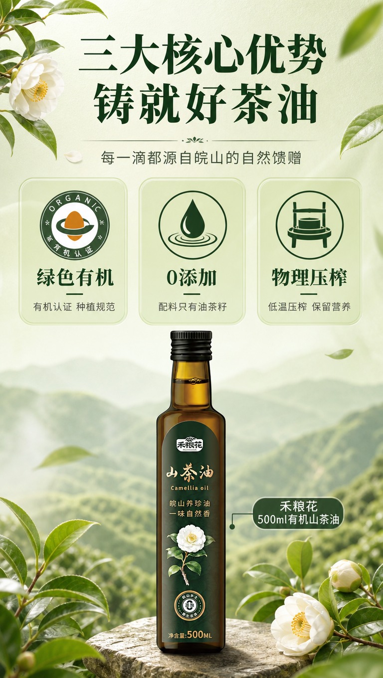 [商品] 使用【图1】禾粮花500ml有机山茶油玻璃瓶（正面）… - 图片创意预览