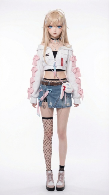 将图中人物更换随机站姿动作，人物身材苗条瓜子脸蓝色瞳孔，身高170厘米体重50公斤，气质偏感性，改为真人风格，正面正脸视角，白背景预览效果